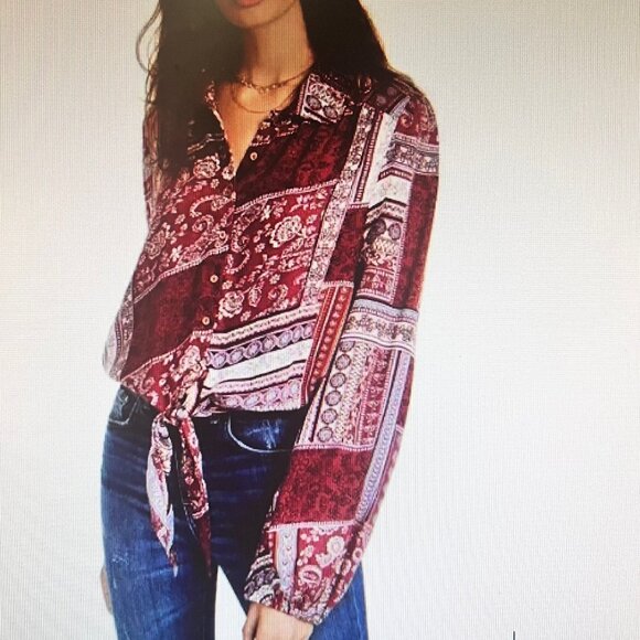 American Rag Exchange-Women's Cropped Tie at Waist Long Flowy Sleeve Blouse-Med - Picture 1 of 16